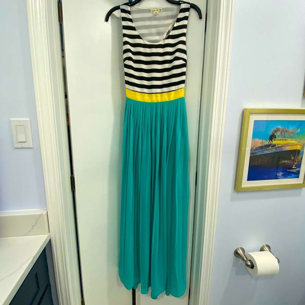 Double Zero Black White Striped Green Yellow Empire Waist Maxi Dress Medium M